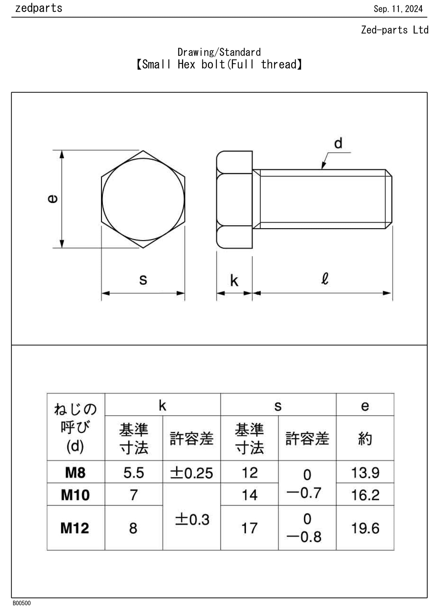 110R0820 M8x20 No Mark Full Thread Hex Bolt 12MM A/F Stainless JIS Drawing Standard