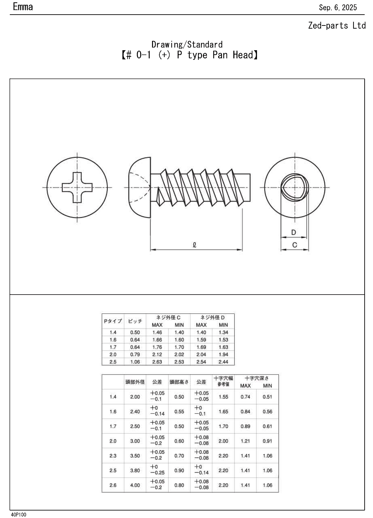 200R0207 M2x07 P type Pan Head Stainless Steel JIS Drawing Standard