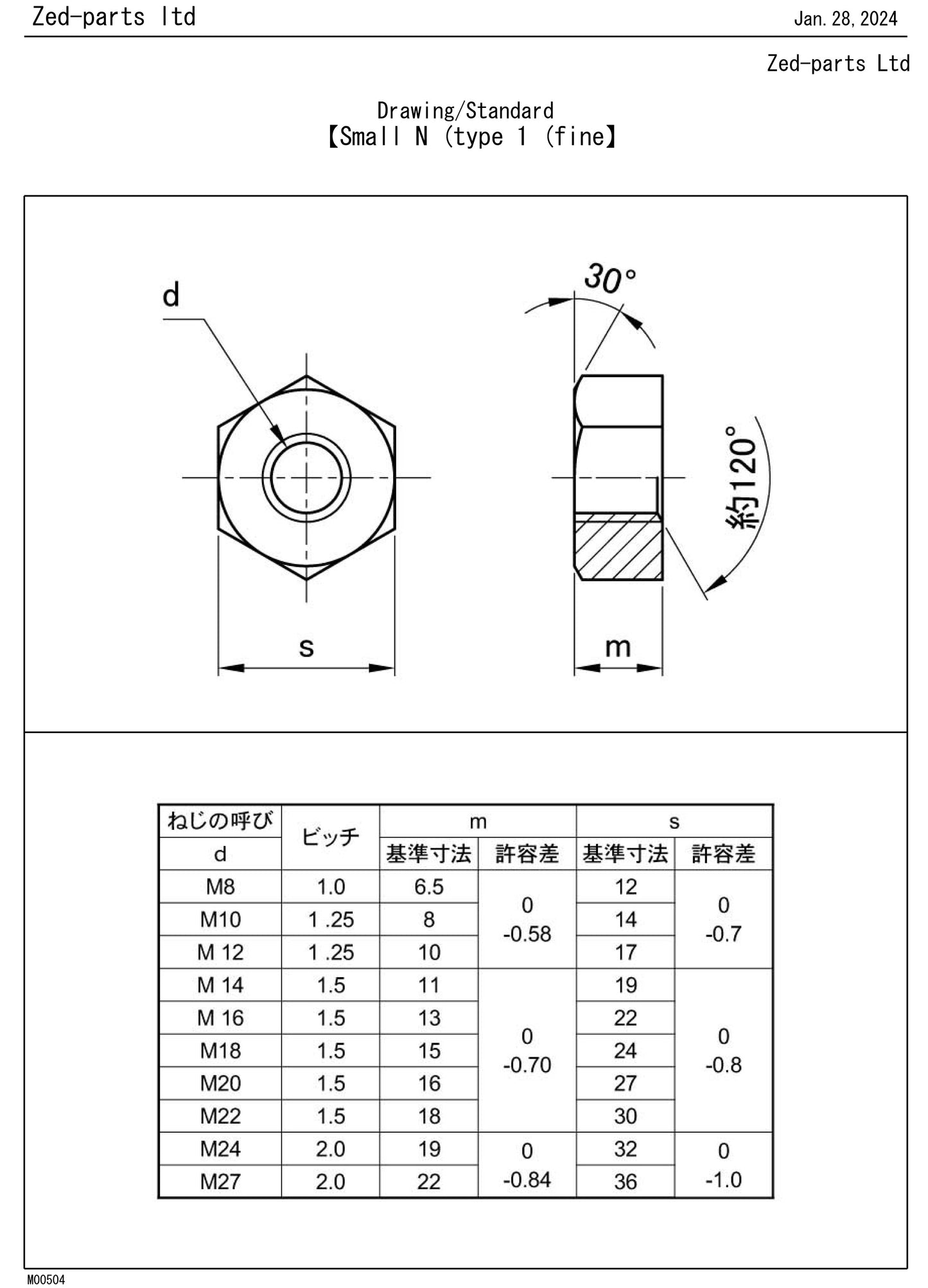 313B1000 Hex Nut Type 1 Nut JIS 14mm A/F Drawing Standard