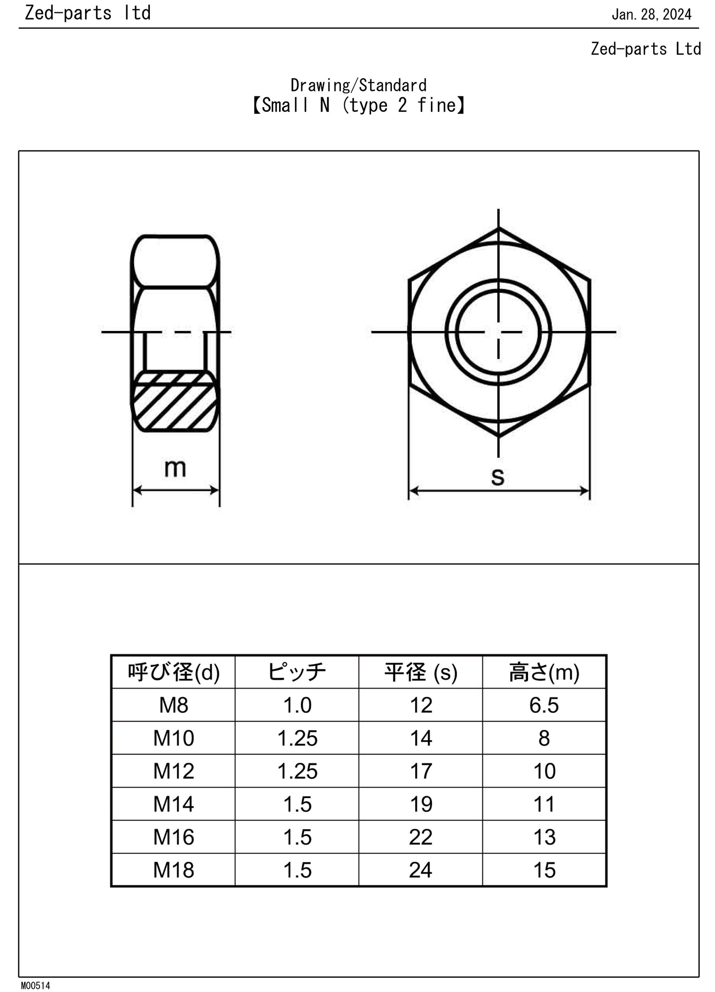 314B1000 M10-1.25 Full Hex Nut Type 2 Trivalent White 14mm A/F JIS Drawing Standard