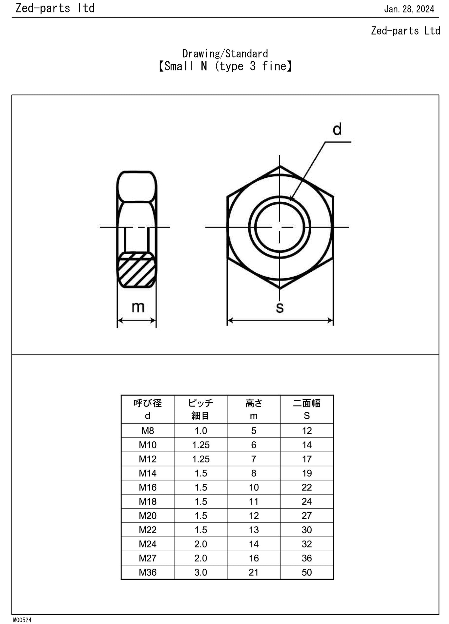 315B1000 M10-1.25 Thin Hex Type 3 Nut JIS 14mm A/F JIS Drawing Standard
