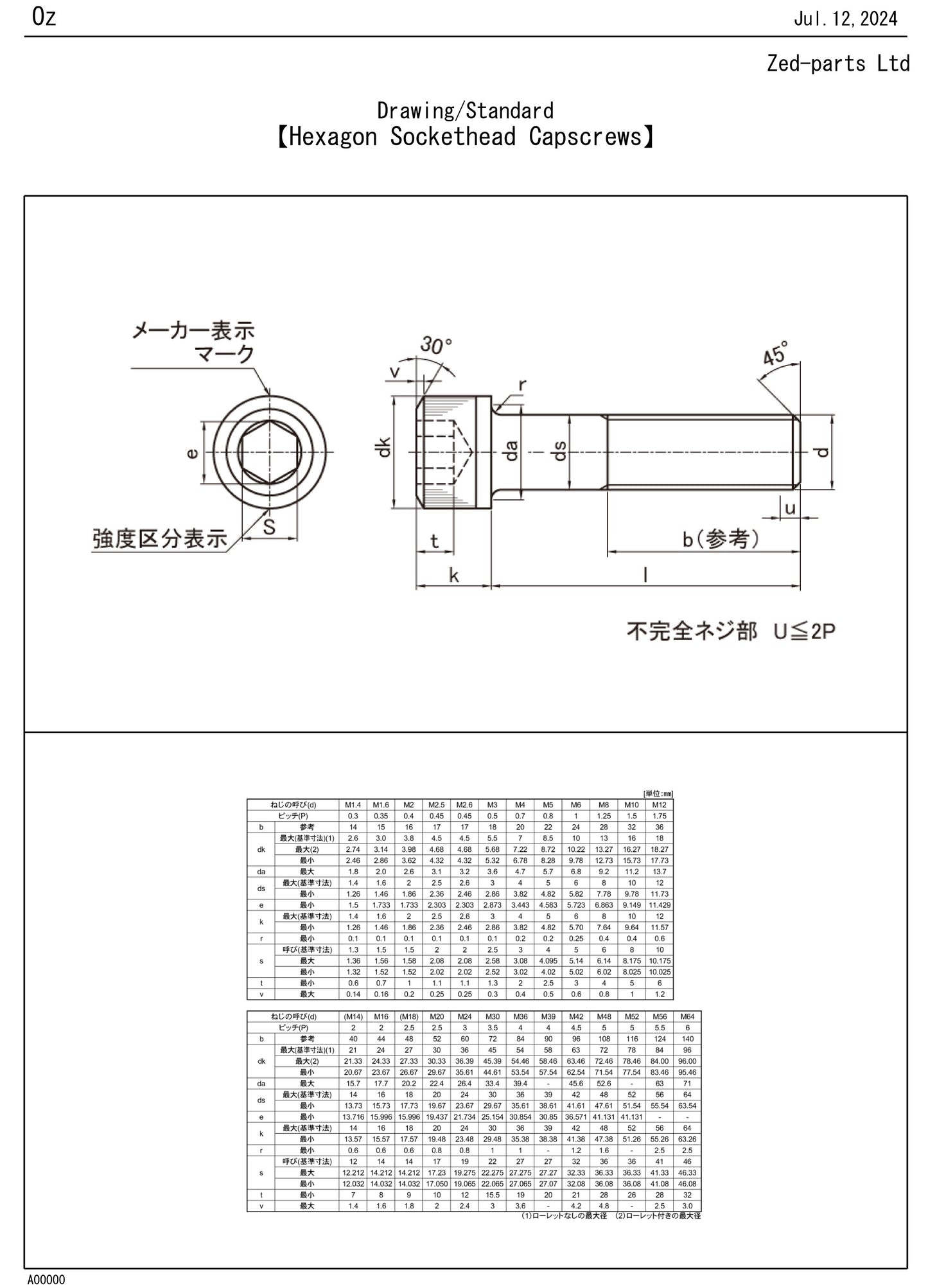 Hexagon Socket Head Cap Screw Sockethead Cap Screw Stainless Steel Drawing Standard