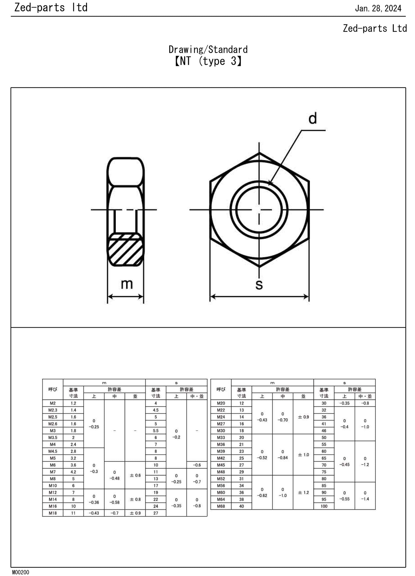 312B0500 M5 Hex Thin Nut Type 3 Drawing Standard