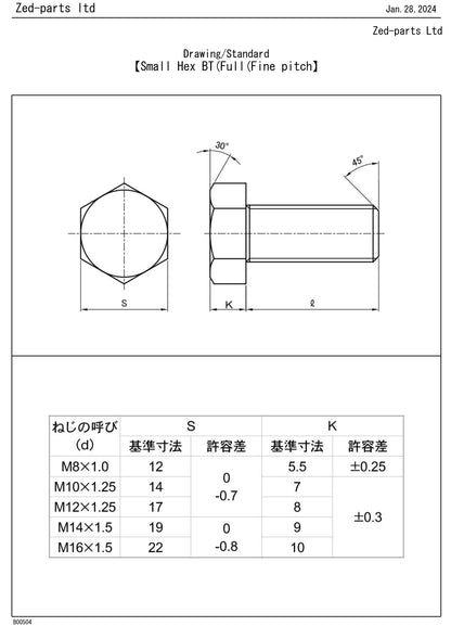 113G1025 M10x25 Fine Pitch M Mark Full Thread Hex Bolt Trivalent White 14mm A/F Drawing Standard