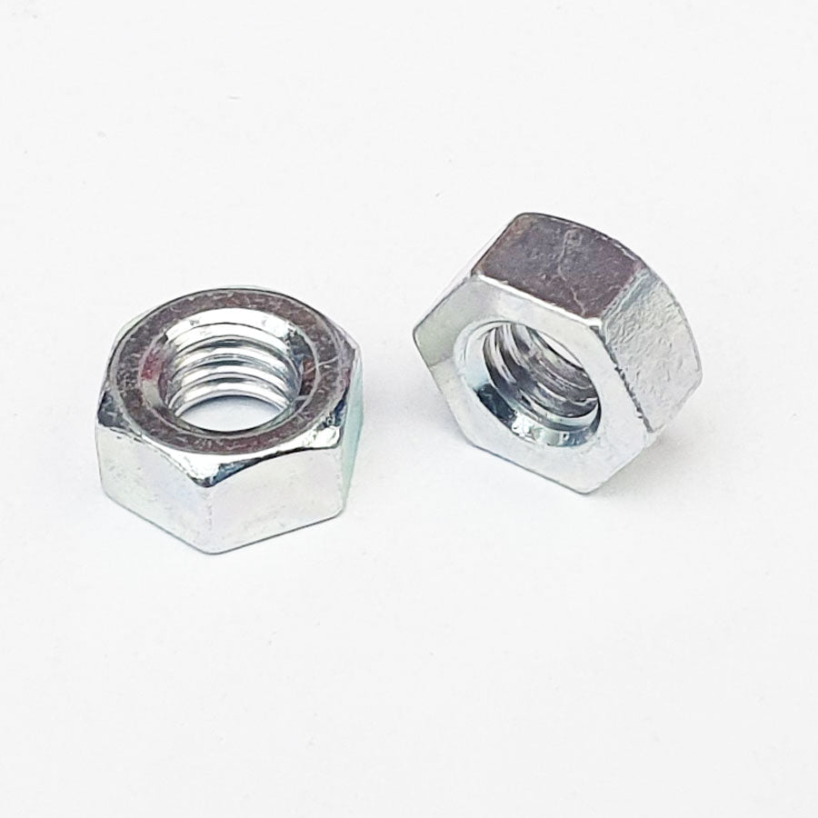 Two silver-colored M6 hex nuts with one side flat and one side chamfered, 10mm in size. M6 Full Hex Nut Type 1 Trivalent White Cr-3 10mm A/F JIS 310B0600