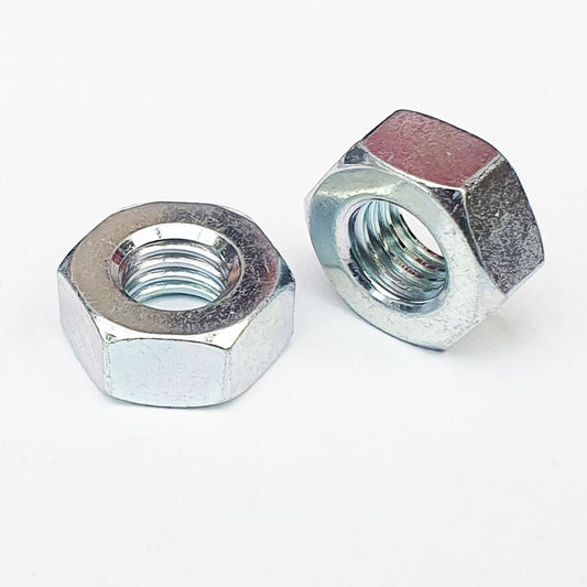 Two silver-colored hex nuts with a visible threaded interior, placed against a white background. 