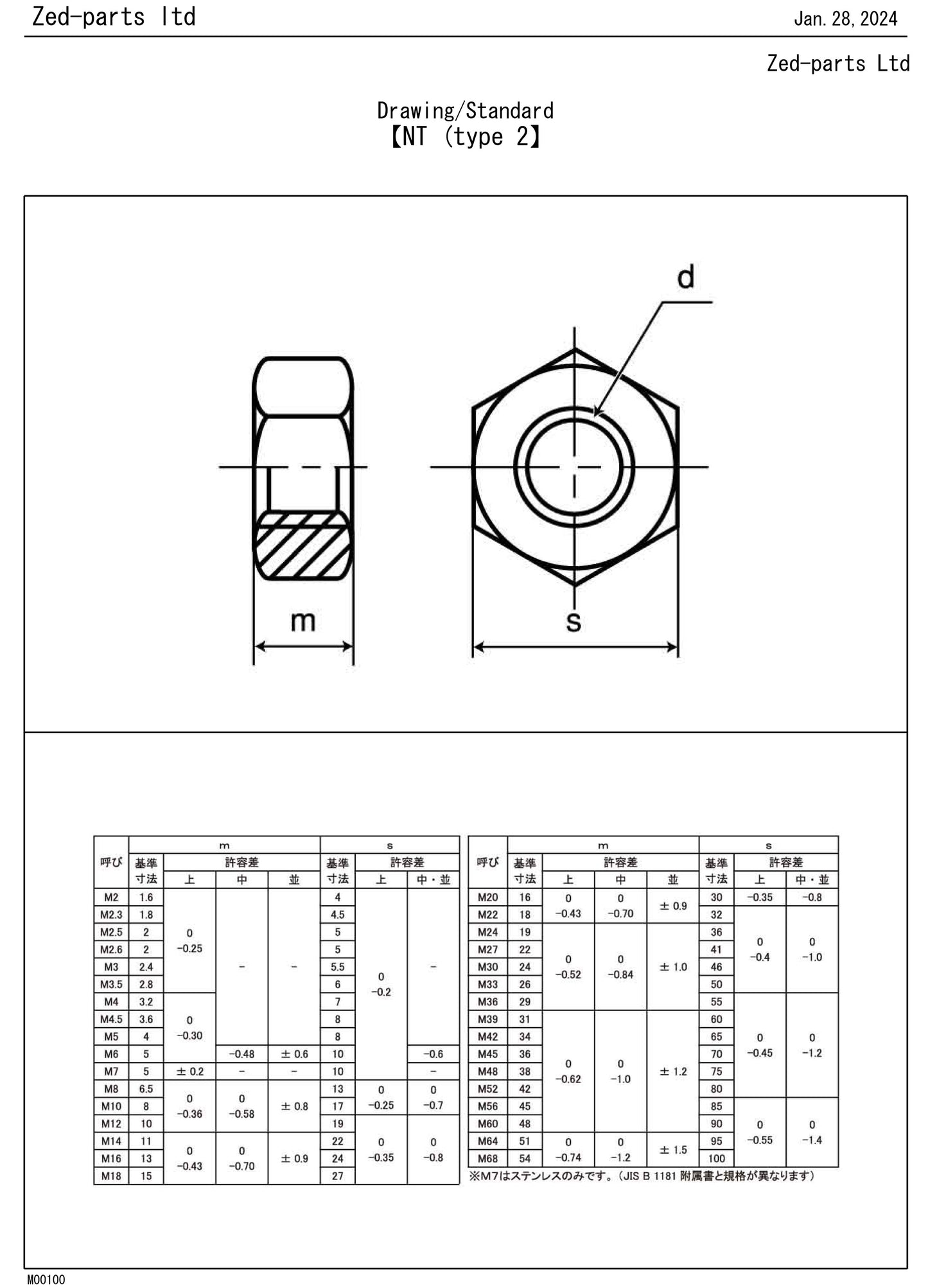 A technical drawing of an M8 Full Hex Nut Type 2 made of stainless steel, showing dimensions and a 12mm spanner size.