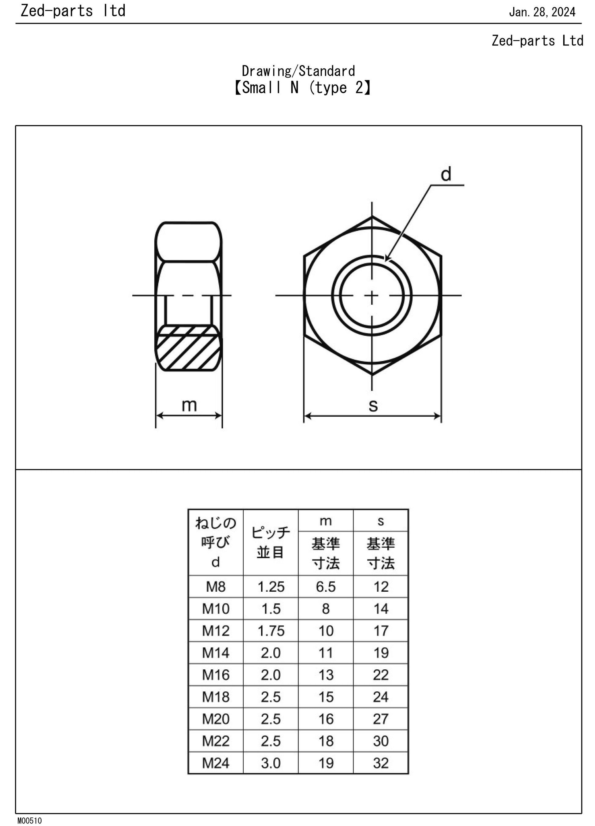 317B1000 M10-1.50 Full Hex Nut Type 2 Trivalent White 14mm A/F JIS Drawing Standard