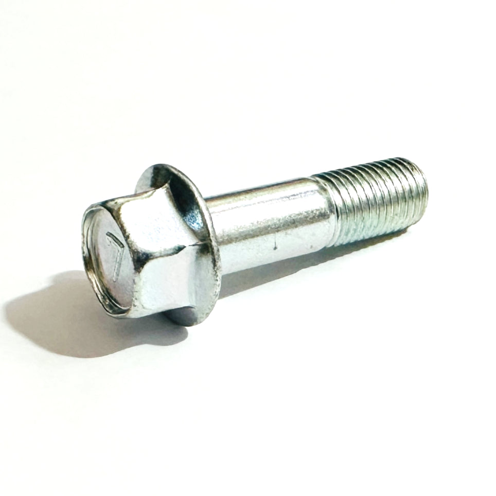 An M10x38 flanged hex bolt with a trivalent white finish, isolated on a white background.