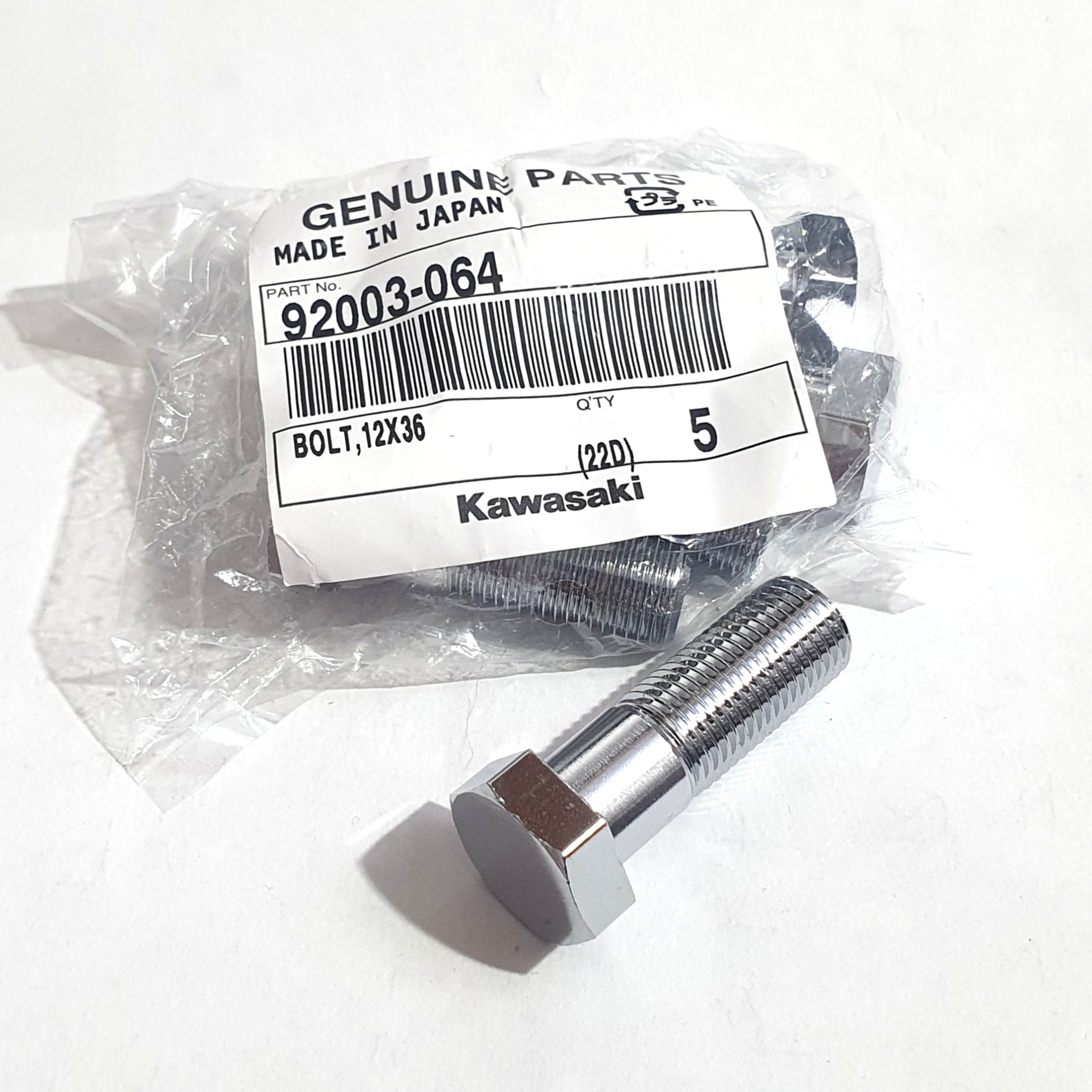 A pack of three chrome hex bolts with a washer and hexagonal socket head, labeled with the part number 92003-064 and the Kawasaki brand name.