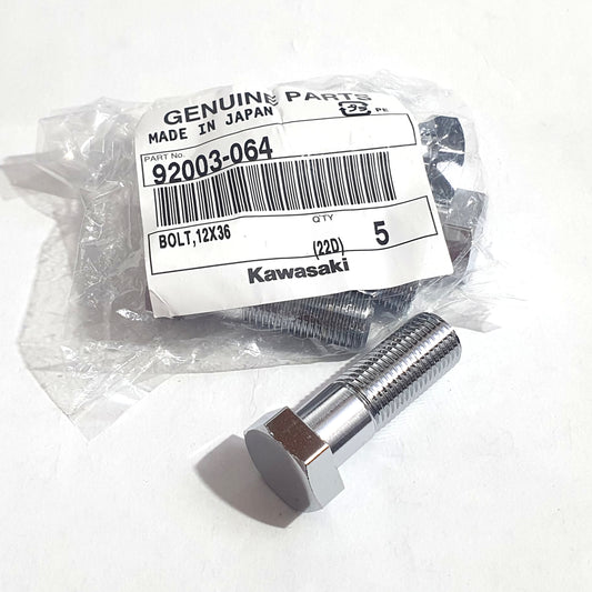 A pack of three chrome hex bolts with a washer and hexagonal socket head, labeled with the part number 92003-064 and the Kawasaki brand name.