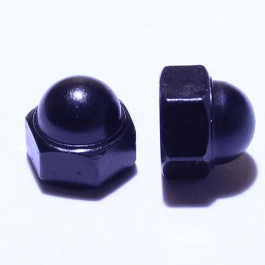 Two black M5 dome low top nuts placed on a white surface. M5 Dome Nut Low Top Trivalent Black 8mmA/F JIS 92015-059