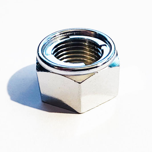 A bright chromate plated metal full lock nut with a visible threaded interior.