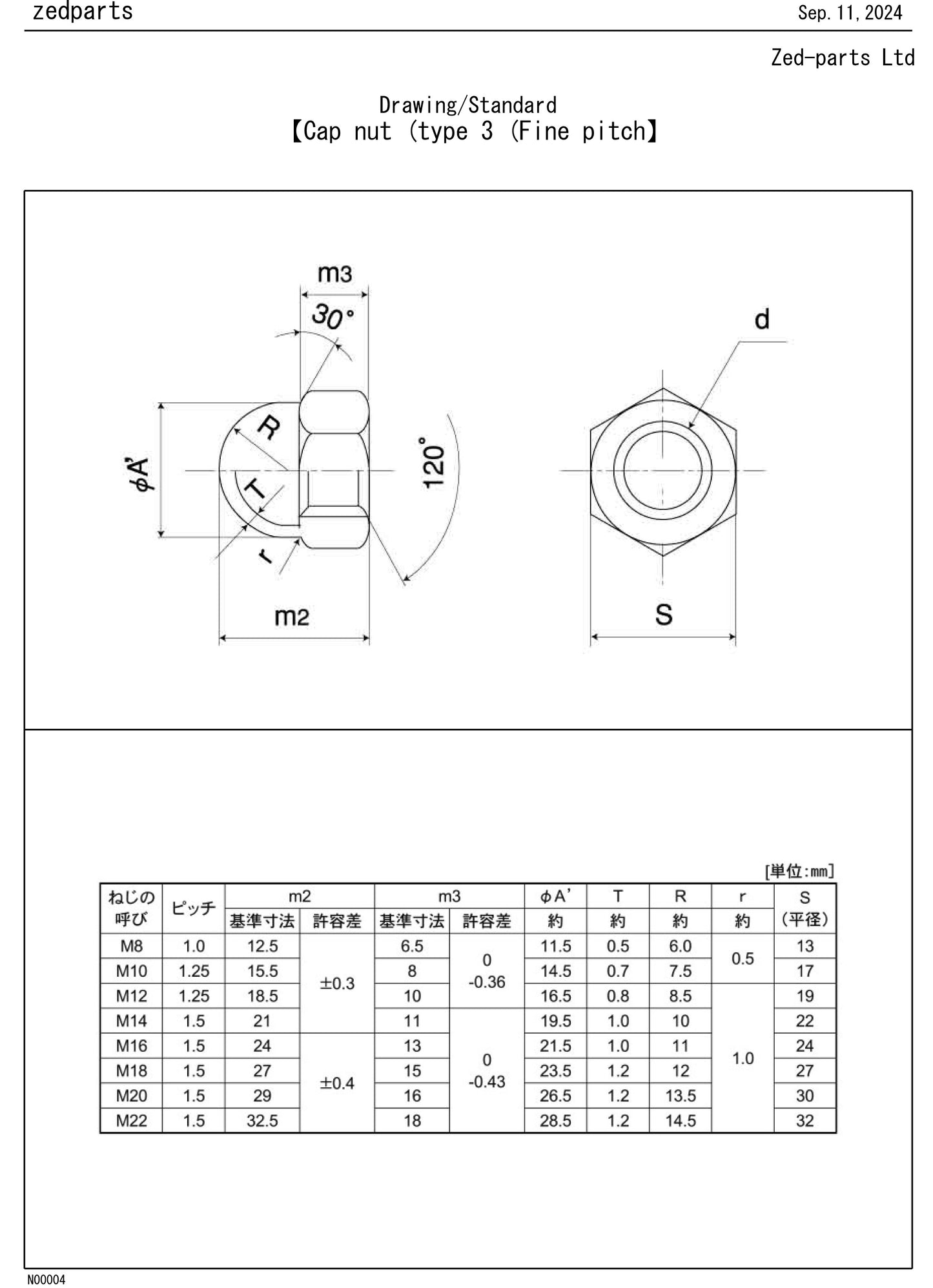 9402112020 M12-1.25 Fine Pitch Dome Nut Chrome Plated JIS Drawing Standard