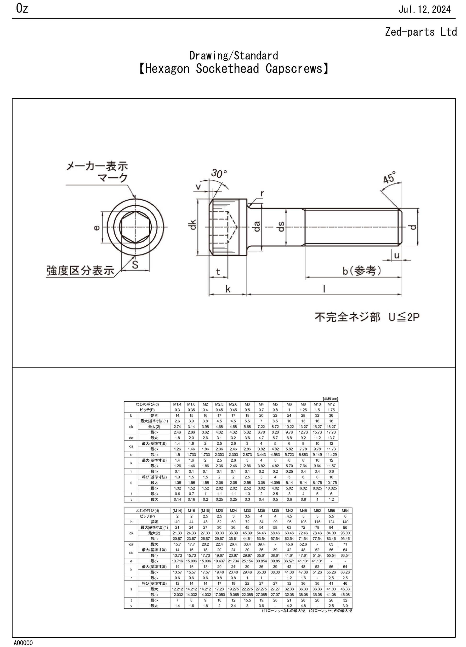 Hexagon Socket Head Cap Screw Sockethead Cap Screw Stainless Steel Drawing Standard