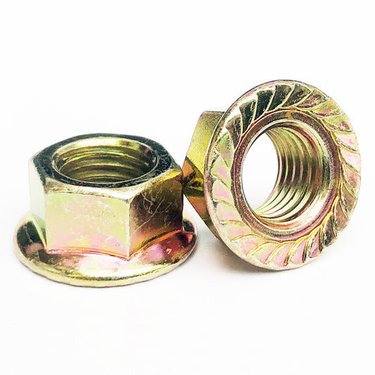 M10 - 1.25 Fine Pitch Toothed Flanged Nut Yellow Passivated 14mm A/F JIS