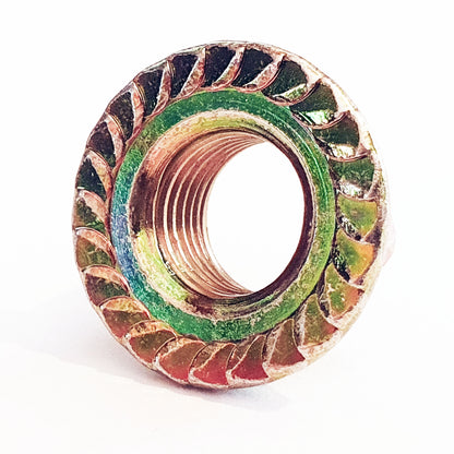 M12 - 1.25 Fine Pitch Toothed Flanged Nut Yellow Passivated 17mm A/F JIS