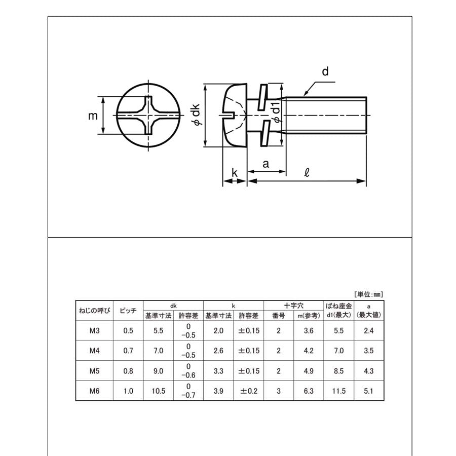 M5 x 12 +/- Phil Pan - Slot Head Screw w/Spring Washer Yellow Passivate JIS 232D0512 standard drawing