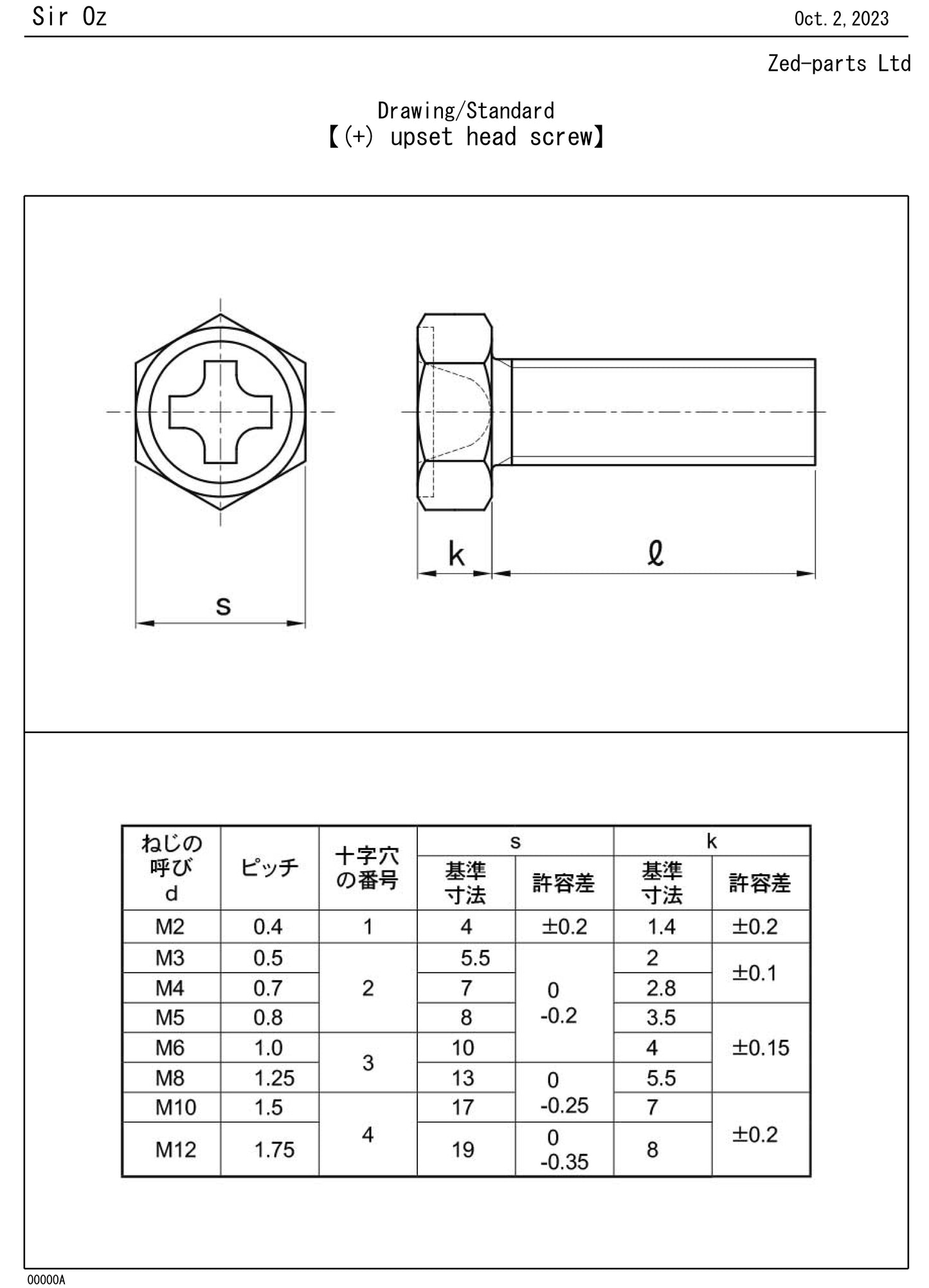 M6x14 Hex Head (+) upset head screw JIS Drawing Standard
