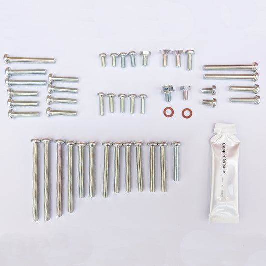 Collection of screws, bolts, washers, and a tube of grease on a white background