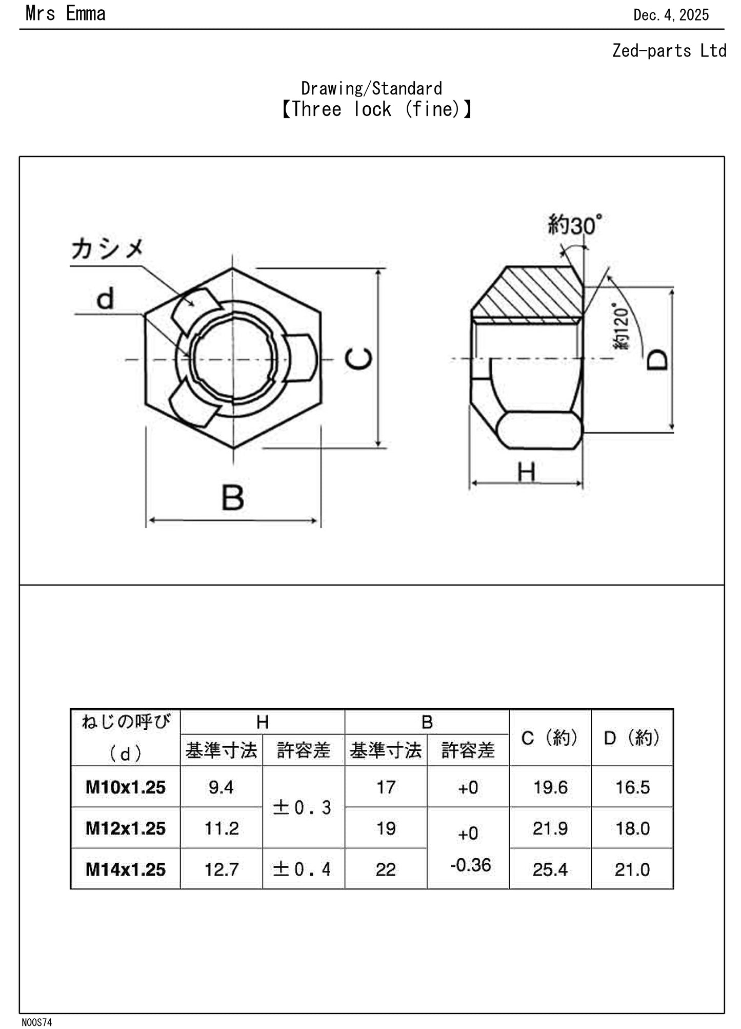 M10 - 1.25 Fine Pitch Three Lock Nut Trivalent White JIS 17mm A/F