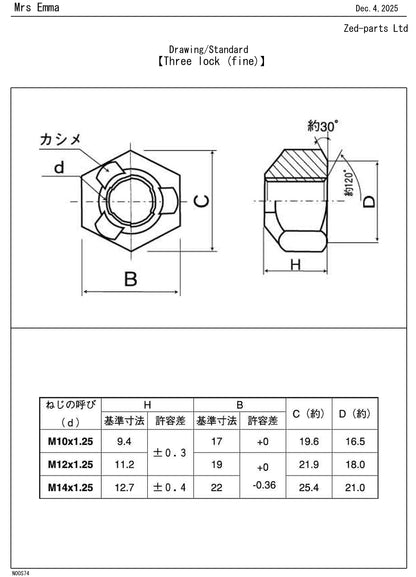 M10 - 1.25 Fine Pitch Three Lock Nut Trivalent White JIS 17mm A/F