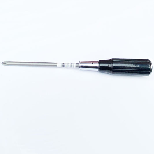 Screwdriver with black handle and silver blade on a white background