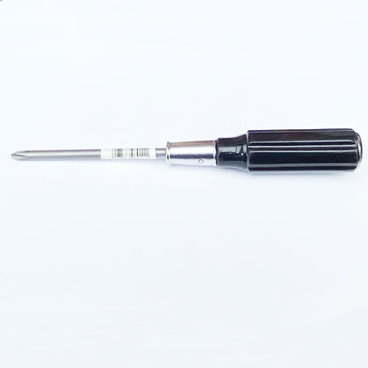 A black and silver wood handle through-tang JIS screwdriver with a metal head.