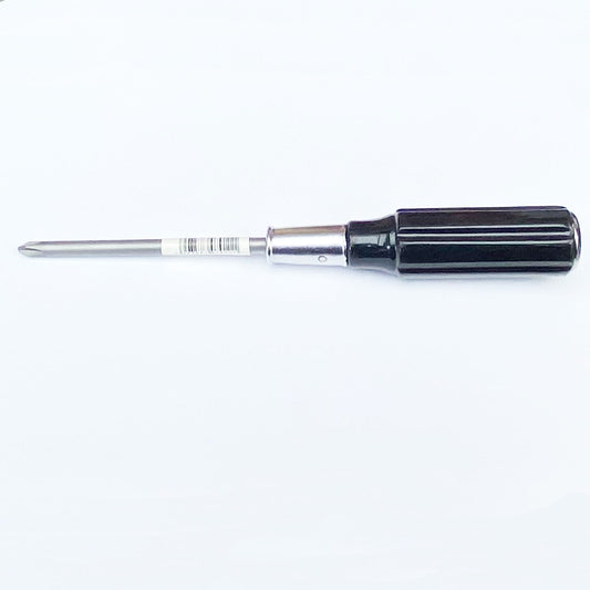 A black and silver wood handle through-tang JIS screwdriver with a metal head.
