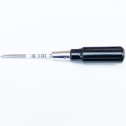 A black and silver wood handle through-tang JIS screwdriver with a metal head.