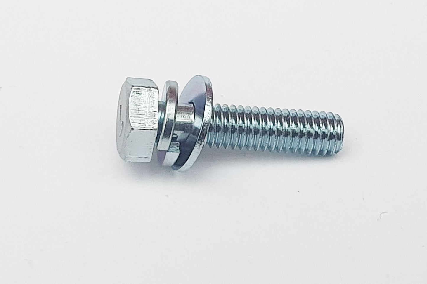 110G0610 M6x10 Mark 7 Hex Bolt with encapsulated spring and JIS flat washer from the side