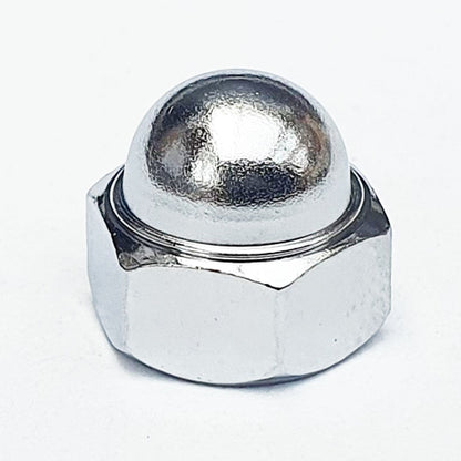 A chrome-plated, low top dome nut with a visible threaded section and a smooth, shiny finish. M5 Dome Nut Low Top Chrome Plated JIS 8mm A/F 322N0500