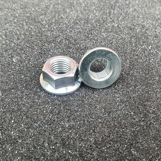 Two fine pitch plain flanged nuts with a trivalent white finish on a textured background.